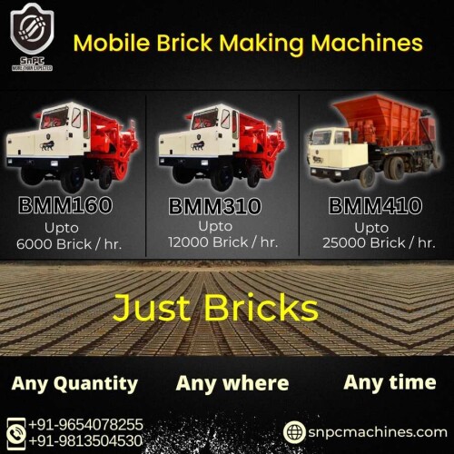 Fully automatic mobile brick making machine by SnPC Machines, First of its kind of machine in the world, our brick-making machine moves on wheels like a vehicle and produces bricks while the vehicle is on move. This allows kiln owners to produce bricks anywhere and anytime, as per their requirements. Fully automatic Mobile brick-making machine can produce up to 12000 bricks/hour with a reduction of up to 45% in production cost in comparison with manual and other machinery as well as 4-times (as per testing agencies report) more in compressive strength with standard shape, sizes and another extraordinary provision exist i.e. (that is) machine produced several brick sizes and it can be changed as per customer requirements from time to time. SnPC machines India is selling 04 models of fully automatic brick making machines: BMM160 brick making machine,BMM310, BMM400, and BMM410, (semi-automatic and fully automatic ) to the worldwide brick industry which produce bricks according to their capacities and fuel requirements. Raw material required for these machines is mainly clay, mud, soil or mixture of both. These moving automatic trucks are durable and easy to handle while operating. These machines are eco-friendly and budget-friendly as only one-third of water as compared to other methods is required and minimum labour is enough for these machines. We are offering direct customers access to multiple sites in both domestic and international stages, so they can see the demo and then will order us after satisfaction.
For order or queries: 8826423668
https://snpcmachines.com/

#snpcmachine #constructionmachinery #constructiontools #BMM160 #BMM310 #BMM410 #SnPCMachines #SnPCFactory #TeamSnPC #mobilebrickproduction