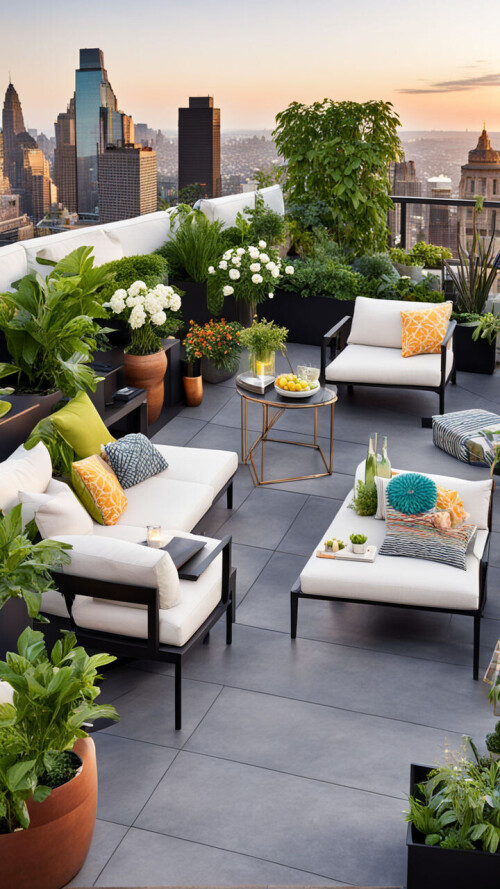 an urban rooftop garden with modern furniture and a stunning city view canvas art pieces with vibra 