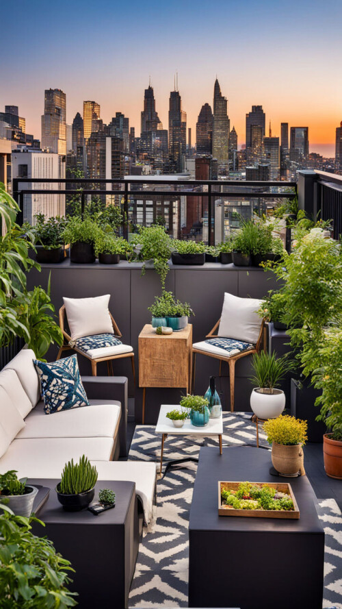 an urban rooftop garden with modern furniture and a stunning city view canvas art pieces with vibra 