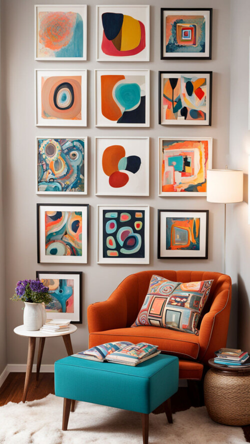 eclectic gallery wall in a cozy reading nook a cozy reading nook with a comfortable armchair a sid 9