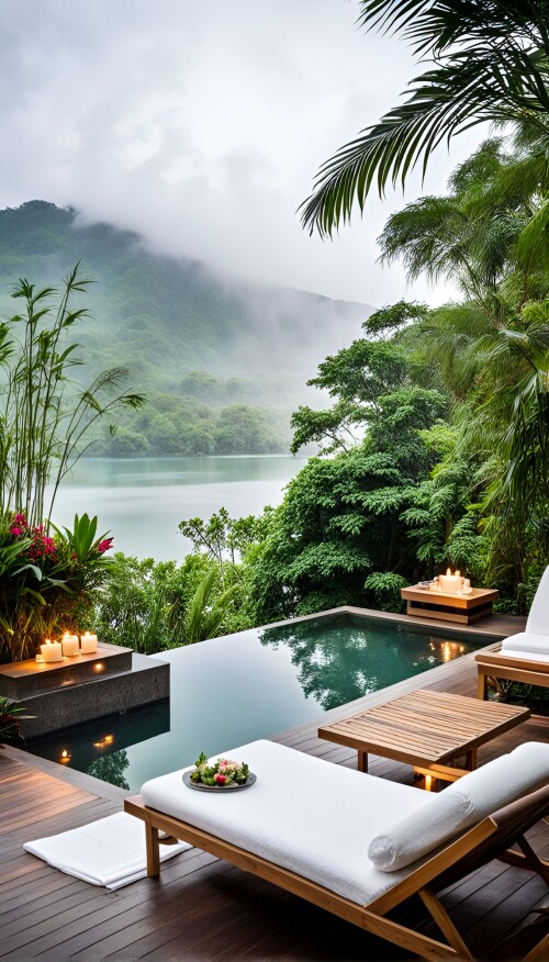 a serene outdoor spa scene with a hot spring surrounded by lush greenery and tropical flowers soft 5