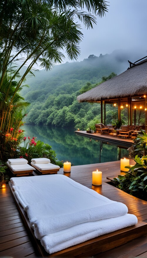 a serene outdoor spa scene with a hot spring surrounded by lush greenery and tropical flowers soft 5