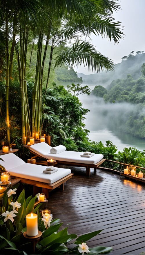 a serene outdoor spa scene with a hot spring surrounded by lush greenery and tropical flowers soft 5