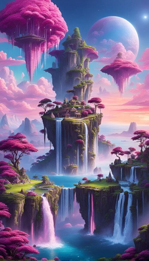 a surreal landscape with floating islands in the sky connected by cascading waterfalls giant glowi 2