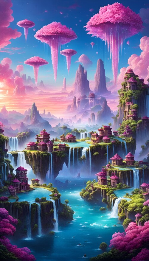 a surreal landscape with floating islands in the sky connected by cascading waterfalls giant glowi 2