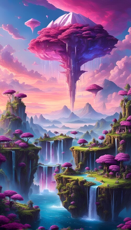 a surreal landscape with floating islands in the sky connected by cascading waterfalls giant glowi 2