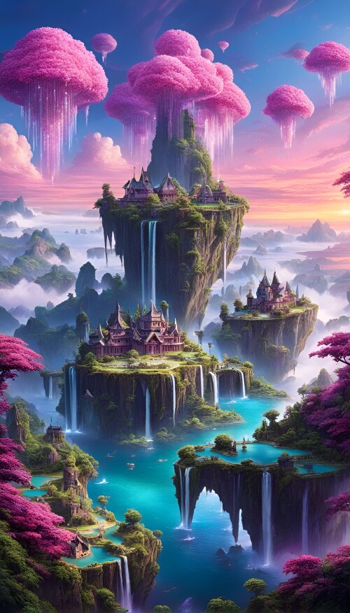 a surreal landscape with floating islands in the sky connected by cascading waterfalls giant glowi 2