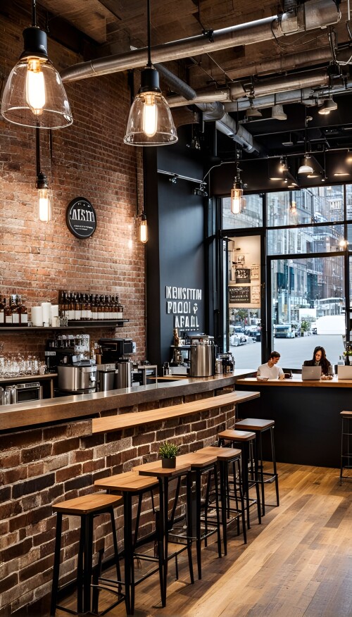 a trendy urban caf with an industrial design exposed brick walls metal light fixtures and wooden 440