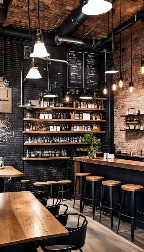 a trendy urban caf with an industrial design exposed brick walls metal light fixtures and wooden 440