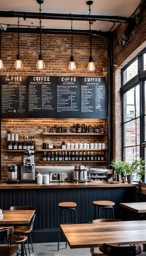 a trendy urban caf with an industrial design exposed brick walls metal light fixtures and wooden 440